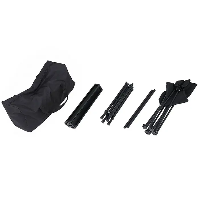 Mendler Gartenmöbel-Set HWC-Q39 - 3 -tlg., Textil, Schwarz, Schwarz - Schwarze Tragetasche mit zerlegten Teilen eines Klapptisches, inkl. Lattenplatte und Beinrahmen, bereit für Transport oder Montage.