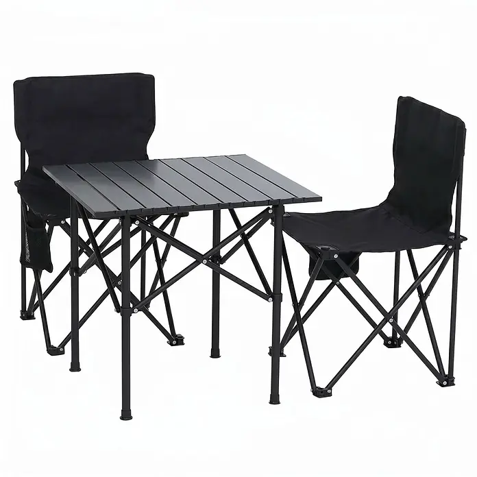 Mendler Gartenmöbel-Set HWC-Q39 - 3 -tlg., Textil, Schwarz, Schwarz - Schwarzer klappbarer Campingtisch mit Lamellenplatte und zwei passenden schwarzen Stoffstühlen, tragbar.