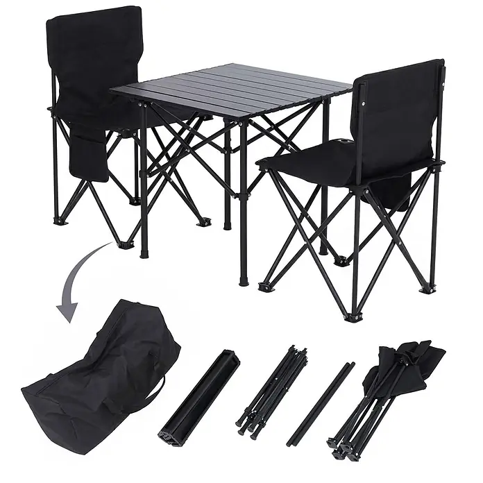 Mendler Campingset HWC-Q39 Tisch, 2x Stuhl, Metall Stoff - schwarz -  - Schwarzer klappbarer Campingtisch mit zwei Stühlen, aufgebaut und in Tragetasche verpackt gezeigt.