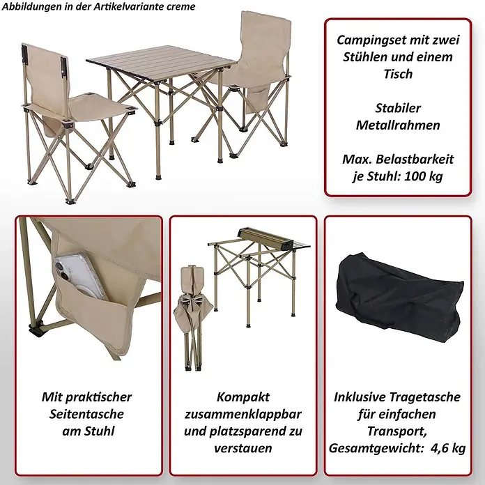 Mendler Campingset HWC-Q39 Tisch, 2x Stuhl, Metall Stoff