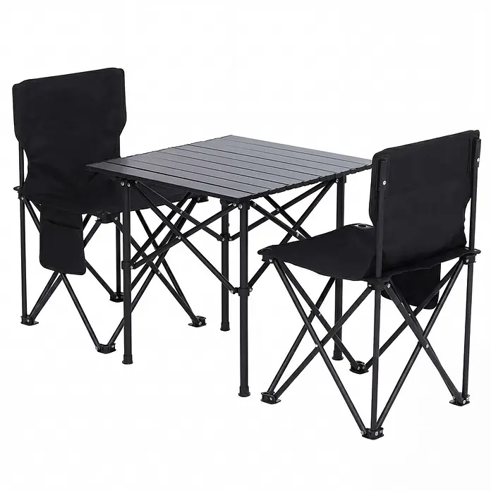 Mendler Gartenmöbel-Set HWC-Q39 - 3 -tlg., Textil, Schwarz, Schwarz - Schwarzer klappbarer Campingtisch mit Lattenplatte und zwei passenden Klappstühlen.