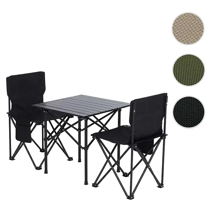 Mendler Campingset HWC-Q39 Tisch, 2x Stuhl, Metall Stoff - schwarz -  - Schwarzer Klapp-Campingtisch und zwei Stühle mit Stofffarboptionen (beige, olivgrün, schwarz).