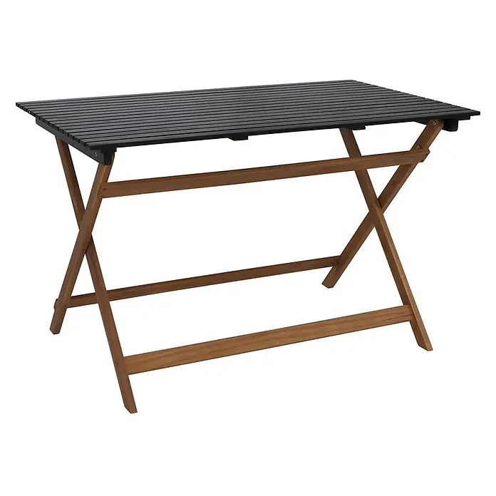 Mendler Garnitur HWC-P72 Akazie Holz klappbar - Natur-schwarz -  - Rechteckiger schwarzer Latten-Klapptisch mit braunem Holz-X-Gestell.