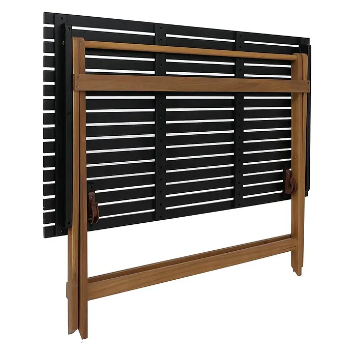 Mendler Garnitur HWC-P72 Akazie Holz klappbar - Natur-schwarz -  - Zusammengeklappter schwarzer Lattenrosttisch mit Naturholzrahmen und Beinen, bereit zur Aufbewahrung.