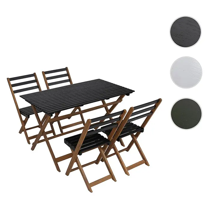 Mendler Garnitur HWC-P72 Akazie Holz klappbar - Natur-schwarz -  - Klappbares Gartenmöbelset aus Holz: Tisch und drei Stühle mit schwarzen Lattenoberflächen. Inklusive Farbmuster für Schwarz, Weiß und Grün.
