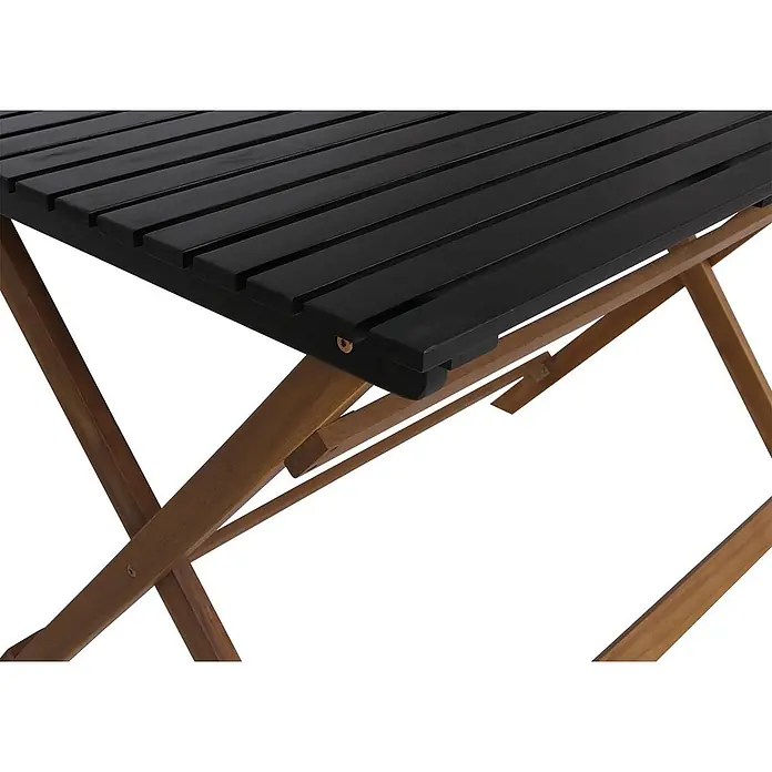 Mendler Garnitur HWC-P72 Akazie Holz klappbar - Natur-schwarz -  - Schwarz lamellierter Klapptisch aus Holz mit braunem Holz-Kreuzfußgestell.