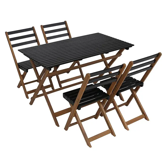 Mendler Garnitur HWC-P72 Akazie Holz klappbar - Natur-schwarz -  - Klappbares Garten-Esstischset aus braunem Holz mit schwarzer Tischplatte und vier Stühlen.