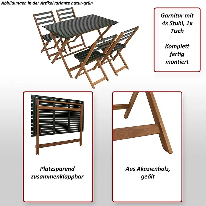 Mendler Garnitur HWC-P72 Akazie Holz klappbar - Natur-schwarz -  - Gartenmöbel-Set aus geöltem Akazienholz in Naturgrün, mit einem Tisch und 4 klappbaren Stühlen.