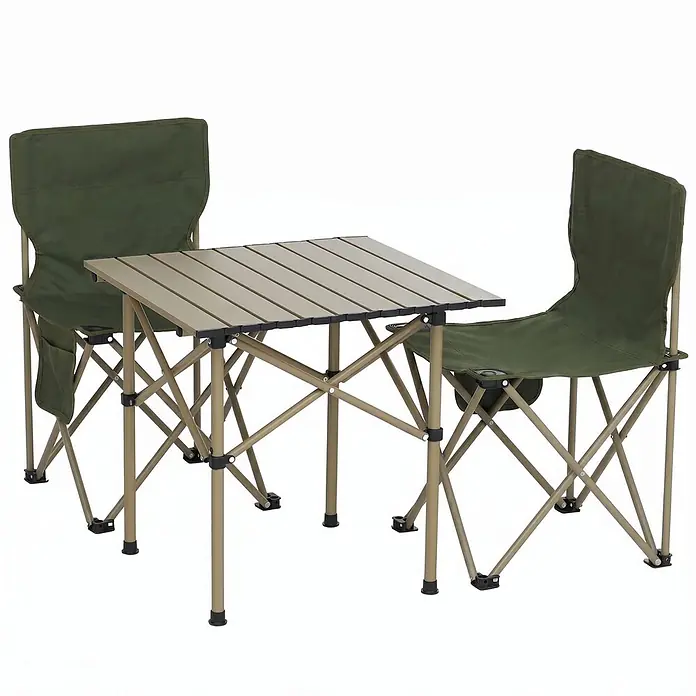 Mendler Campingset HWC-Q39 Tisch, 2x Stuhl, Metall Stoff - grün -  - Tragbarer Campingtisch mit zwei Stühlen, alle mit olivgrünem Stoff und hellbraunem Metallrahmen.