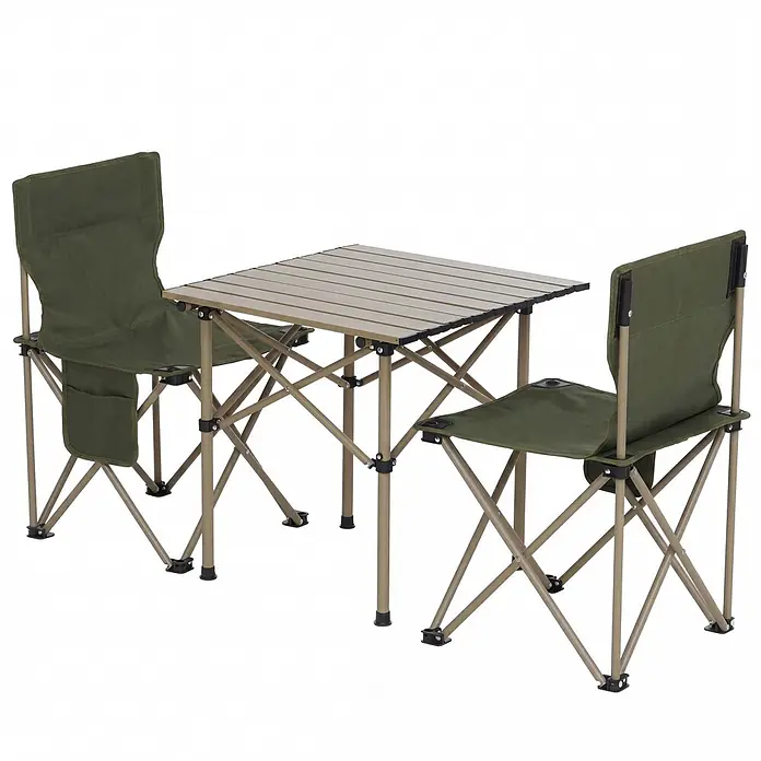Mendler Campingset HWC-Q39 Tisch, 2x Stuhl, Metall Stoff - grün -  - Tragbares Camping-Set mit braunem Lattenrosttisch und zwei grünen Stoffstühlen mit braunen Gestellen.