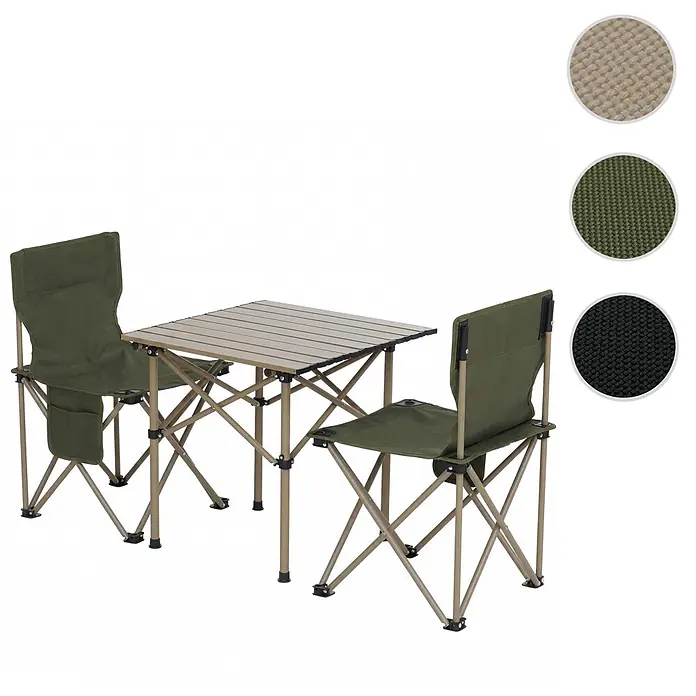 Mendler Campingset HWC-Q39 Tisch, 2x Stuhl, Metall Stoff - grün -  - Klappbarer Campingtisch mit zwei olivgrünen Stühlen. Mit Lattenplatte und Stoffmustern in Beige, Olivgrün und Schwarz.