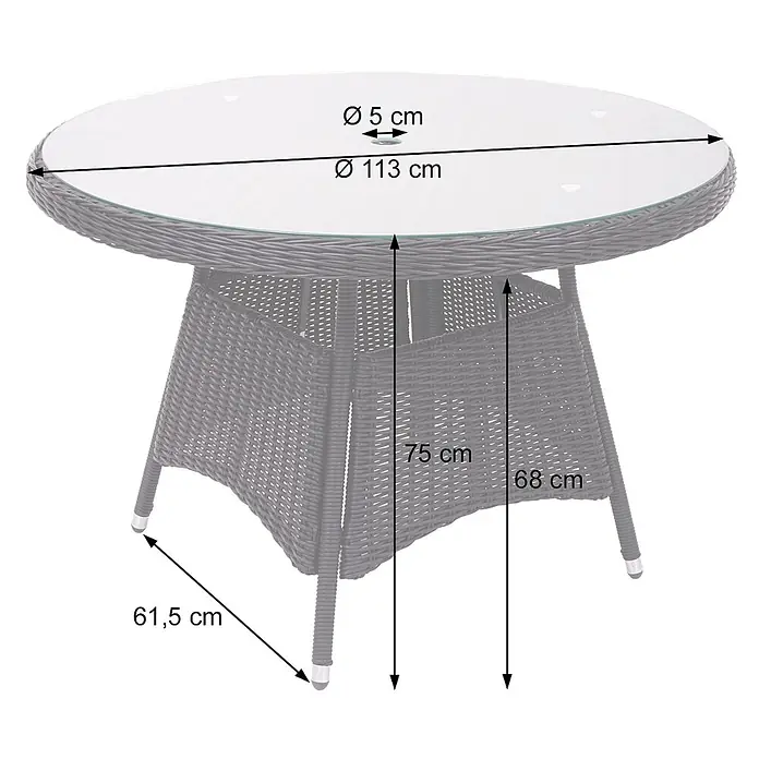Mendler Poly-Rattan Garnitur HWC-F51 Rattan -  - Runder Gartentisch mit Glasplatte und dunklem Rattangeflecht, Ø 113 cm, 75 cm hoch.