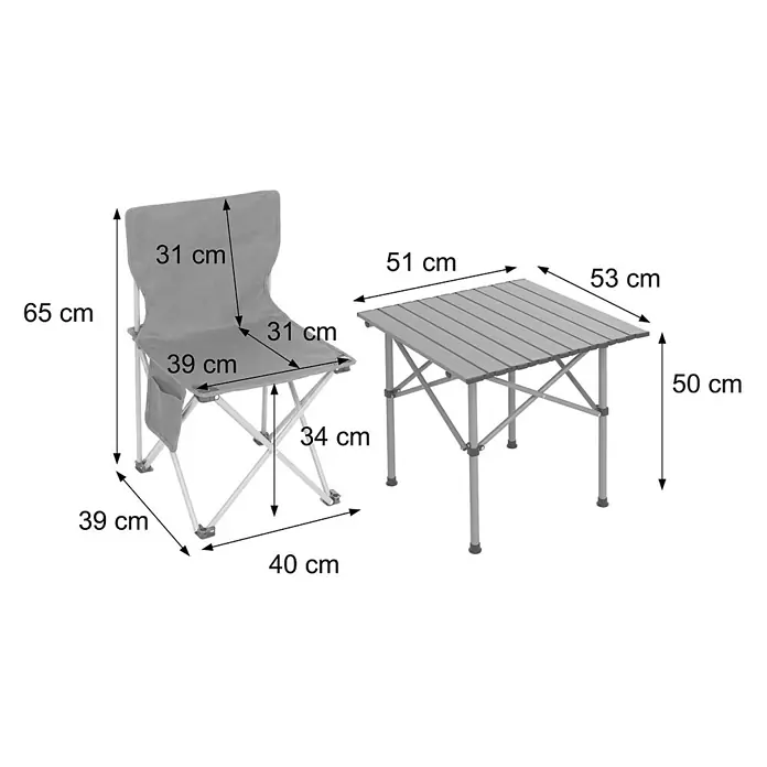 Mendler Campingset HWC-Q39 Tisch, 2x Stuhl, Metall Stoff - creme -  - Grauer Klapp-Campingstuhl (65 cm H) und Tisch (50 cm H, 51x53 cm Platte) mit detaillierten Maßen.