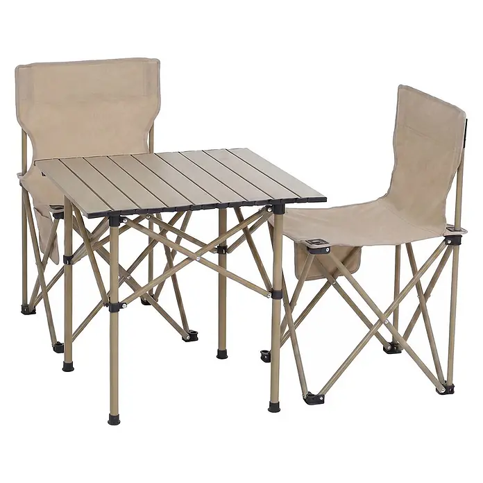 Mendler Campingset HWC-Q39 Tisch, 2x Stuhl, Metall Stoff - creme -  - Beiger tragbarer Campingtisch mit zwei passenden Klappstühlen.