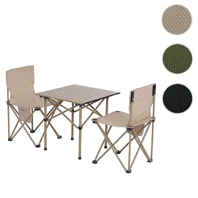 Mendler Campingset HWC-Q39 Tisch, 2x Stuhl, Metall Stoff - creme -  - Tragbarer Campingtisch und zwei Stühle in Beige. Auch in Olivgrün und Schwarz erhältlich.