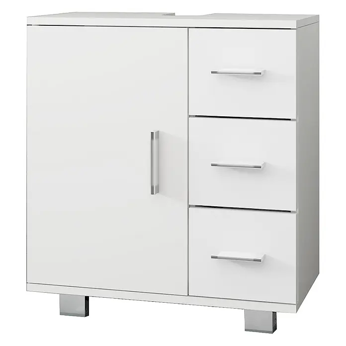 Waschbeckenunterschrank Weiß 60x60,8x33 cm mit Tür und 3 Schubladen -  - Weißer Badunterschrank mit einer Tür, drei Schubladen und Chromgriffen auf Chromfüßen.