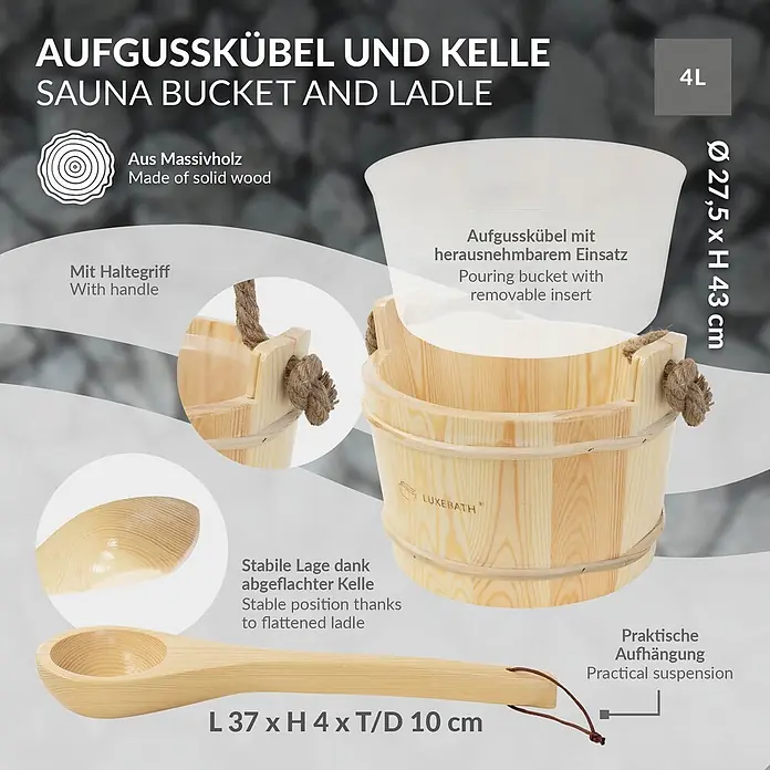 LuxeBath Sauna-Zubehör-Set 2-teilig Saunazubehör-Set aus massivem Kiefernholz, Sauna Set Zubehör - Holz - Saunaaufgusskübel aus hellem Holz mit 4L Kapazität und herausnehmbarem Einsatz, dazu eine hölzerne Aufgusskelle mit abgeflachter Unterseite.
