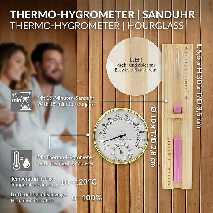 Saunazubehör-Set aus Kiefernholz Eimer Kelle Thermo-Hygrometer Sanduhr -  - Sauna-Thermo-Hygrometer mit 15-Minuten-Sanduhr auf Holz. Zeigt Temp 10-120°C, Feuchte 0-100%.