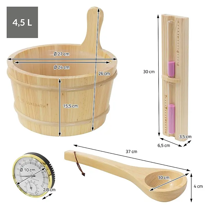 Saunazubehör-Set aus Kiefernholz Eimer Kelle Thermo-Hygrometer Sanduhr -  - Helles Holz Sauna Set: 4,5L Eimer (H 26cm, Ø 27cm), 37cm Kelle, 10cm Thermometer und 30cm Sanduhr.