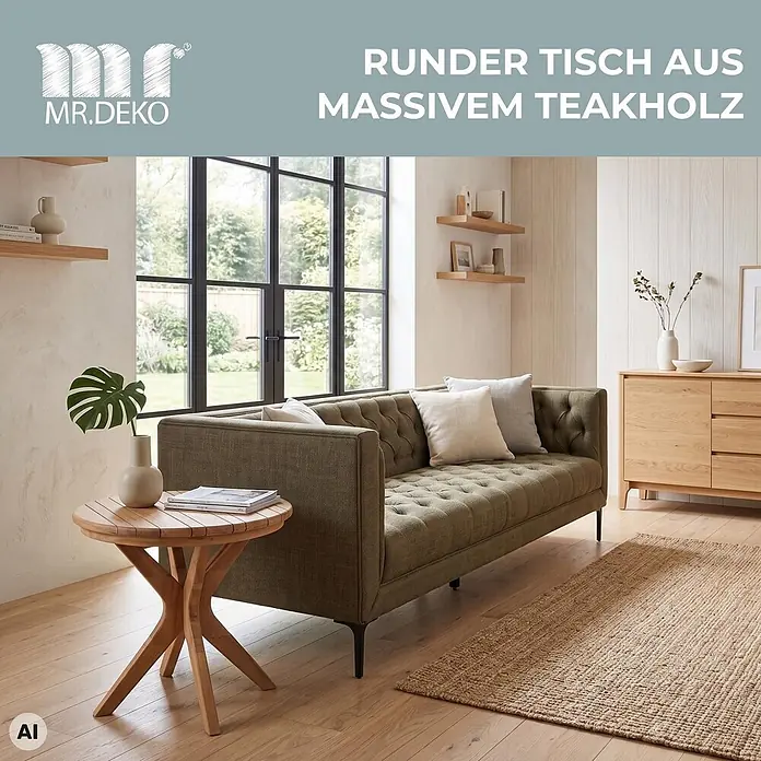 Beistelltisch Burton Teak rund 60cm -  - Runder Beistelltisch aus massivem Teakholz, neben einem Sofa in einem modernen Wohnzimmer platziert.