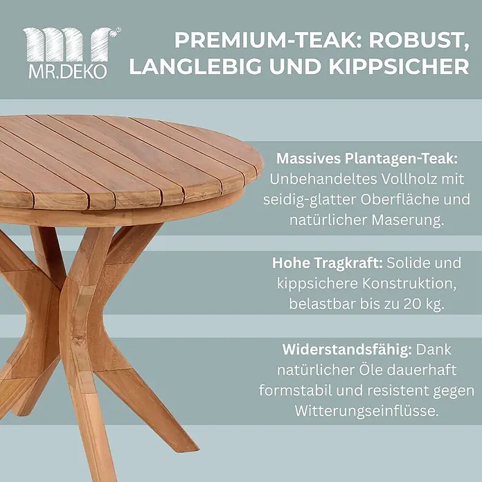 Beistelltisch Burton Teak rund 60cm -  - Runder Teakholz-Gartentisch mit Lattenplatte und stabilem, geschwungenem Beinunterbau.