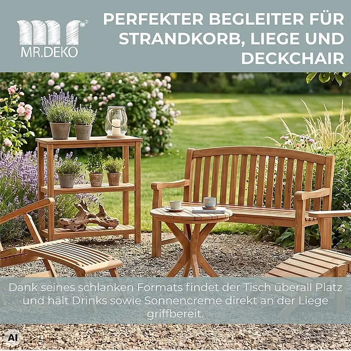 Beistelltisch Burton Teak rund 60cm -  - Holzmöbel-Set für den Garten: Bank, kleiner Tisch, Regal und Fußhocker. Perfekt für Entspannung im Freien.