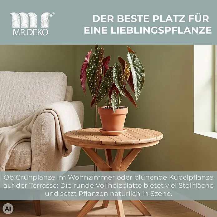 Beistelltisch Burton Teak rund 60cm -  - Runder Beistelltisch aus massivem Holz, der eine Topfpflanze präsentiert. Bietet viel Stellfläche für Pflanzen im Wohnzimmer oder auf der Terrasse.