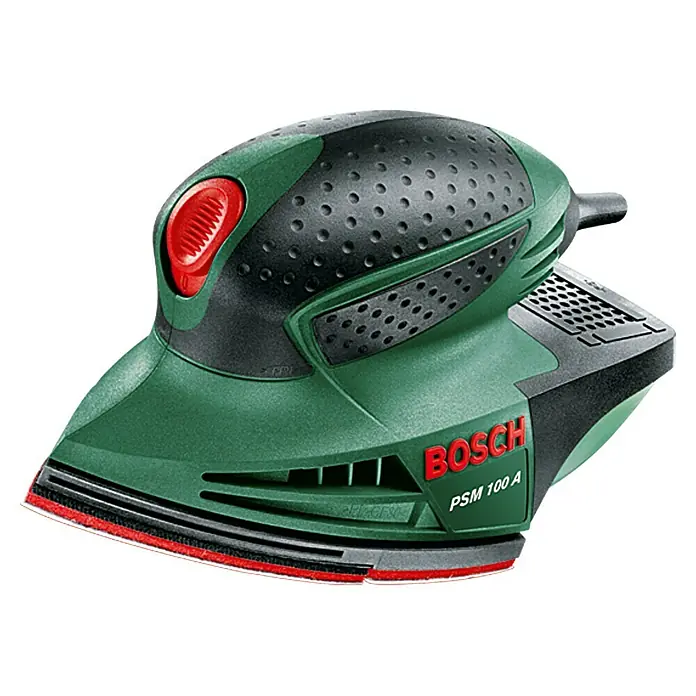 Bosch Elektro-Multischleifer PSM 100 A - 100 W, Leerlaufschwingzahl: 26.000 U/min, Durchmesser Schwingkreis: 1,4 mm - Bosch PSM 100 A Dreieckschleifer in Grün und Schwarz mit rotem Knopf. Ideal für Schleifarbeiten auf engstem Raum und an Ecken.
