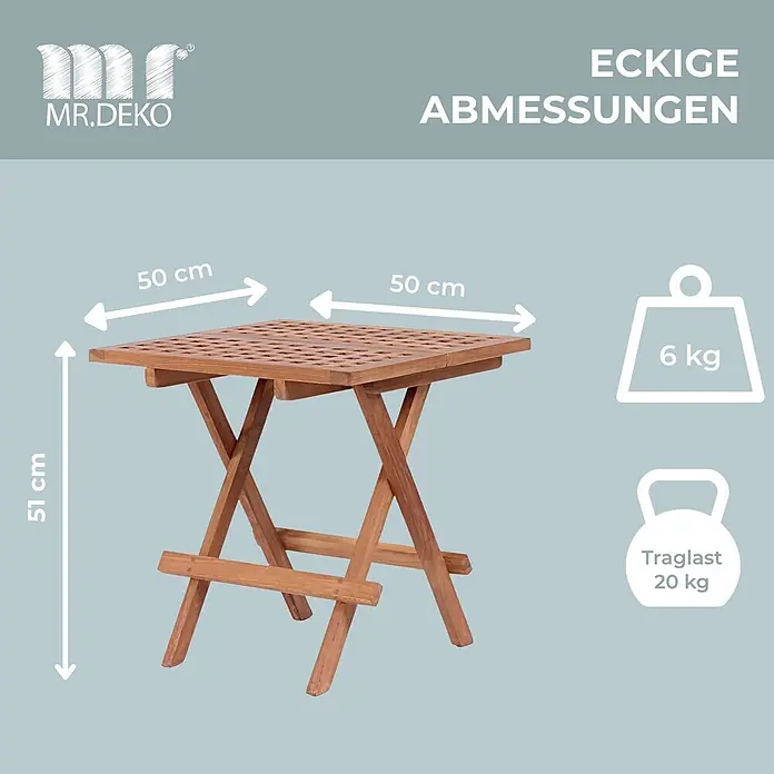 Beistelltisch Devon Teak Eckig -  - Quadratischer Klapptisch aus Holz mit Lattenplatte, Maße 50x50x51 cm. Wiegt 6 kg, Traglast 20 kg.