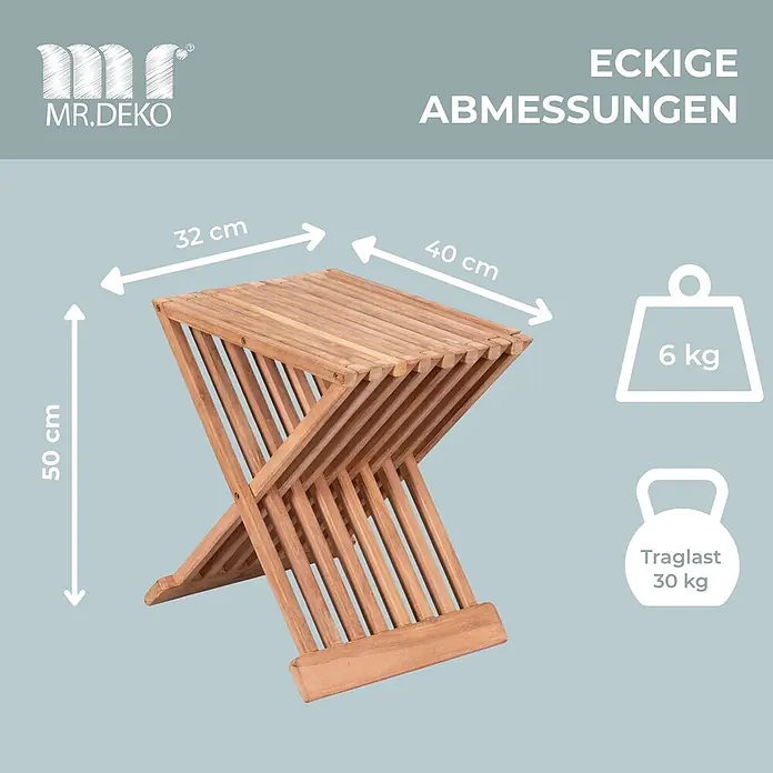 Beistelltisch Fishbone Teak -  - Klappbarer Hocker aus Holz, 50x32x40 cm, 6 kg Gewicht, 30 kg Traglast.