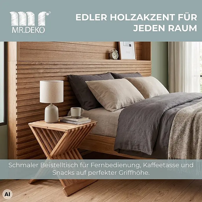 Beistelltisch Fishbone Teak -  - Schmaler Holz-Beistelltisch mit Latten-Design, neben einem Bett, für Lampe, Tasse und Bücher. Perfekt für Getränke und Snacks in Griffhöhe.