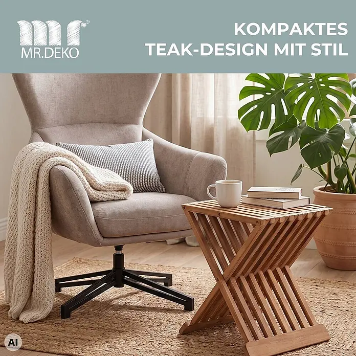 Beistelltisch Fishbone Teak -  - Kompakter Teak-Beistelltisch mit Lattenrost-Design, mit Tasse und Büchern neben einem Sessel.