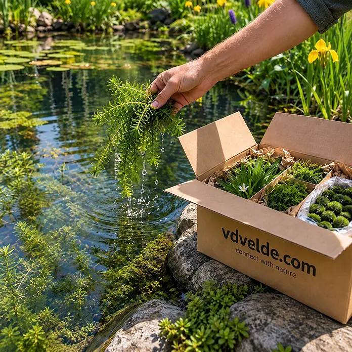 Vdvelde Wasserpflanzen-Set - Elodea Densa, 5 Stk. - Eine Hand setzt frische grüne Wasserpflanzen aus einem braunen vdvelde.com Karton in einen Teich, der gesunde Teichflora zeigt.