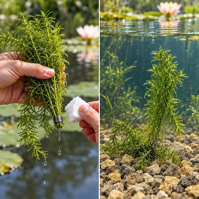 Vdvelde Wasserpflanzen-Set - Elodea Densa, 5 Stk. - Hände bereiten grüne Wasserpflanze mit weißem Würfel und Gewicht zum Einpflanzen im Teich vor.