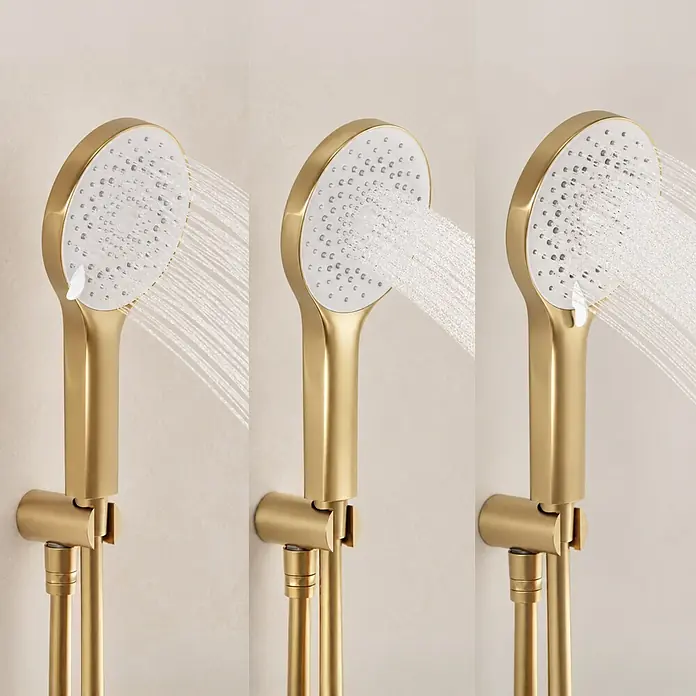 LOMAZOO Unterputz-Duschset Aurora Regendusche 30 cm Thermostat Gold -  - Goldfarbener Handbrausekopf zeigt drei verschiedene Sprühstrahlarten.