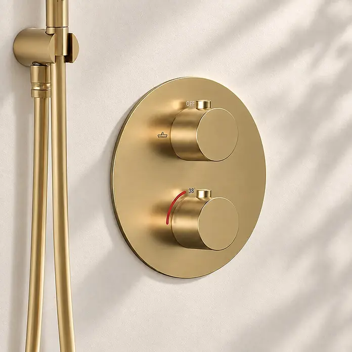 LOMAZOO Unterputz-Duschset Aurora Regendusche 30 cm Thermostat Gold -  - Gebürsteter goldener Duschmischer mit zwei Bedienknöpfen (OFF, 38) und passender Duschstange.