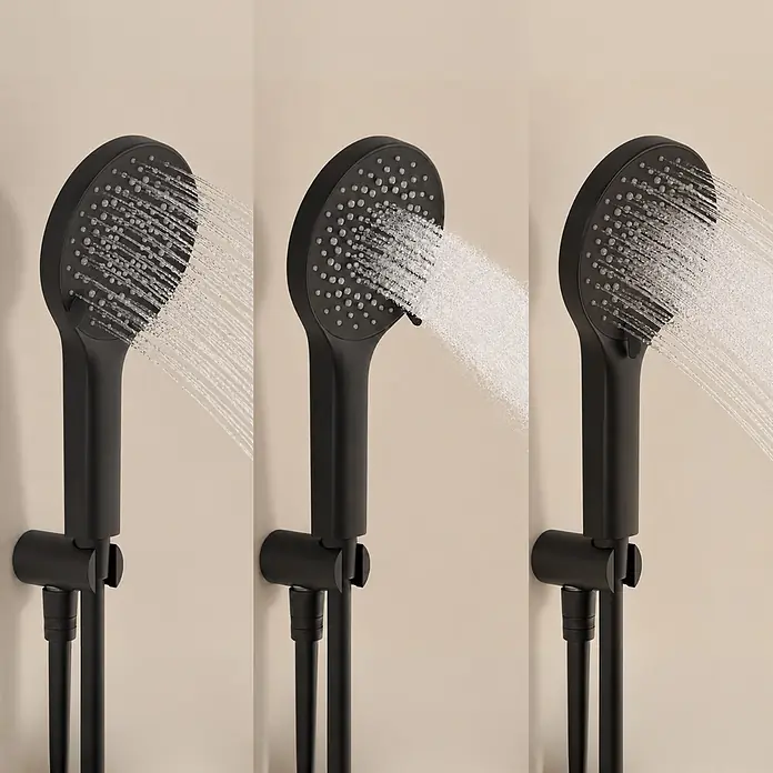 LOMAZOO Unterputz-Duschset Caesar Regendusche 30 cm Thermostat Schwarz matt -  - Mattschwarzer Duschkopf, der drei verschiedene Strahlarten für unterschiedliche Duscherlebnisse zeigt.