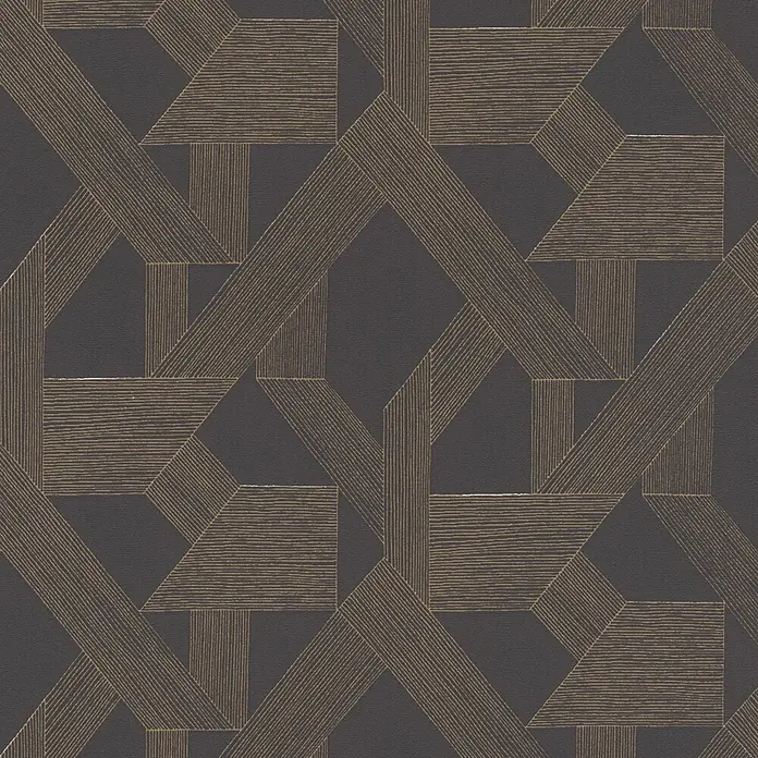 SCHÖNER WOHNEN-Kollektion Cosyliving Vliestapete LINES Grafik - Braun-Kupfer, Grafisch, 10,05 x 0,53 m - Dunkelgraue Tapete mit kompliziertem goldenem geometrischem Muster aus strukturierten, gestreiften Linien.