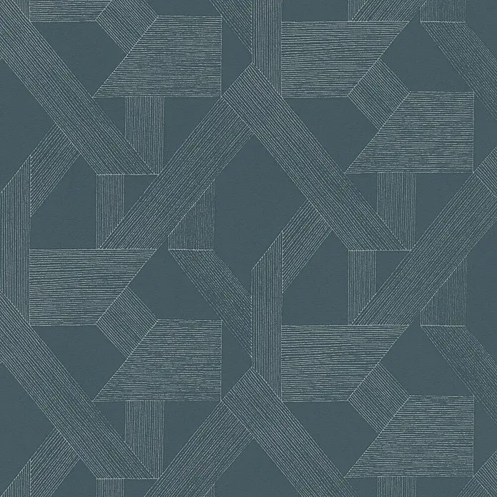 SCHÖNER WOHNEN-Kollektion Cosyliving Vliestapete LINES Grafik - Petrol-Silber, Grafisch, 10,05 x 0,53 m - Türkisfarbene Tapete mit geometrischem Muster, das ineinandergreifende Bänder mit parallelen Linien zeigt.