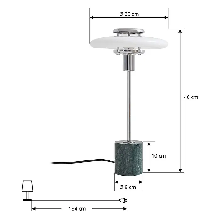 Lindby Tischlampe in grün, Nachttischlampe -  - Weiße und verchromte Tischlampe mit grünem Marmorsockel, 46 cm hoch, Maße angegeben.