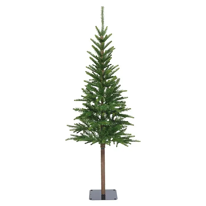 Künstlicher Weihnachtsbaum Alpach Fir - Höhe: 150 cm, Grün - Künstlicher grüner Weihnachtsbaum mit braunem Stamm und dunklem quadratischem Standfuß, bereit zur Dekoration.