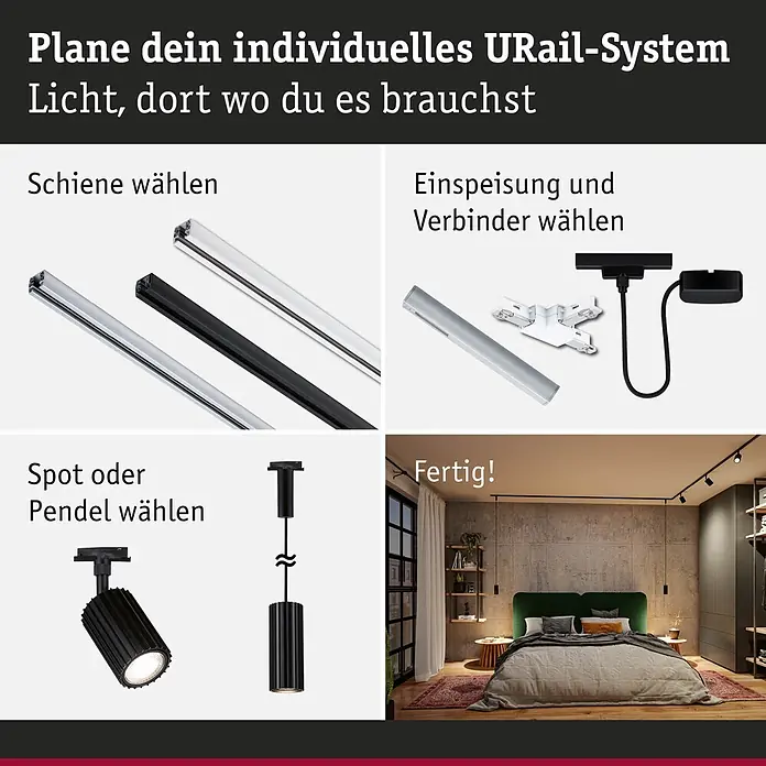 Paulmann Pendelleuchte Urail Pendel Lirena - Ø x L: 6 x 126 cm, GU10, Schwarz - Schritt-für-Schritt-Anleitung zum Bau eines modularen URail Schienensystems, zeigt Komponenten und Installation im Schlafzimmer.