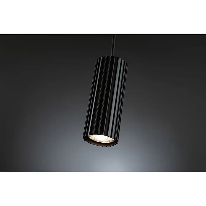 Paulmann Pendelleuchte Urail Pendel Lirena - Ø x L: 6 x 126 cm, GU10, Schwarz - Schwarze zylindrische geriffelte Pendelleuchte, hängt an einem Kabel und strahlt helles Licht nach unten.