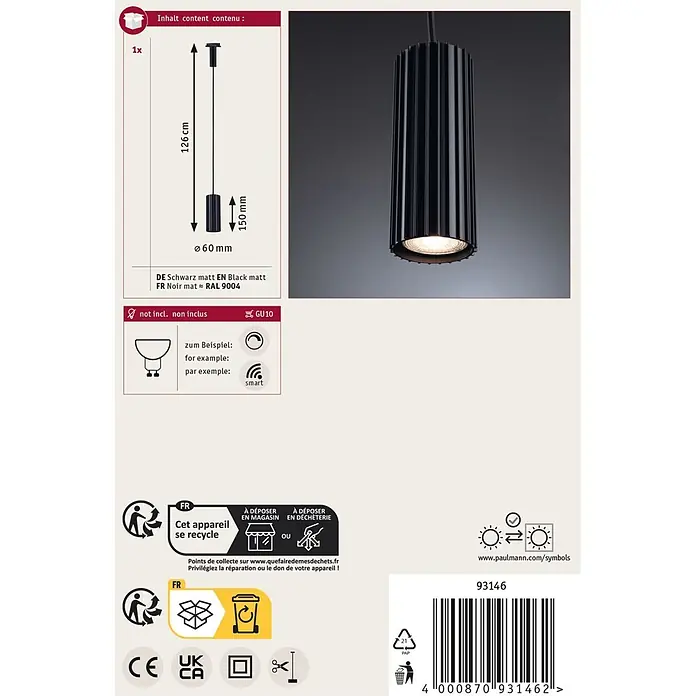 Paulmann Pendelleuchte Urail Pendel Lirena - Ø x L: 6 x 126 cm, GU10, Schwarz - Schwarze, mattzylindrische Pendelleuchte mit Rippen, 126 cm lang, für GU10 Leuchtmittel (nicht inkl.).