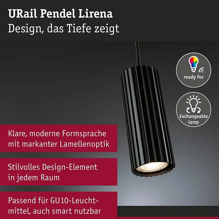 Paulmann Pendelleuchte Urail Pendel Lirena - Ø x L: 6 x 126 cm, GU10, Schwarz - Schwarze URail Pendelleuchte Lirena mit gerippter Lamellenoptik, geeignet für GU10 Leuchtmittel und smart nutzbar.