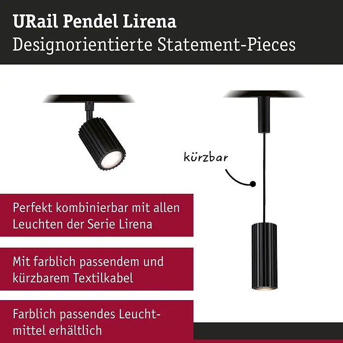 Paulmann Pendelleuchte Urail Pendel Lirena - Ø x L: 6 x 126 cm, GU10, Schwarz - Schwarze, gerippte URail Pendelleuchte und ein passender Spot.