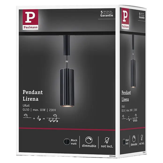 Paulmann Pendelleuchte Urail Pendel Lirena - Ø x L: 6 x 126 cm, GU10, Schwarz - Mattschwarze Paulmann Lirena Pendelleuchte für URail-System, dimmbar, 5 Jahre Garantie, Leuchtmittel nicht enthalten.