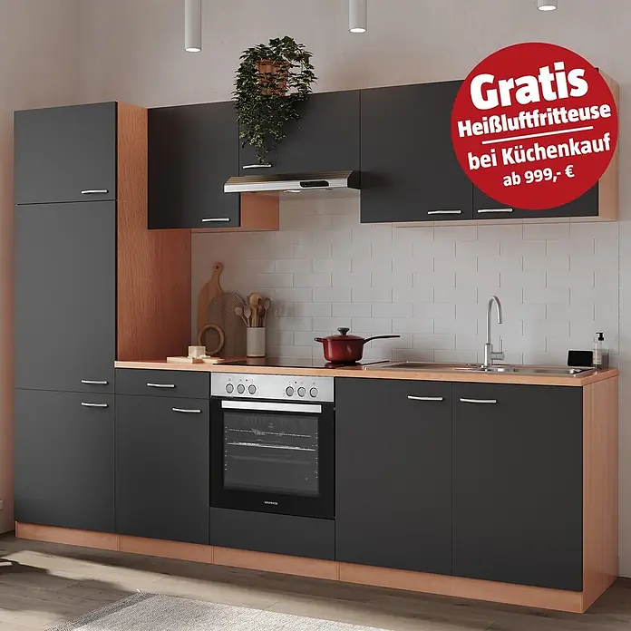 Respekta Küchenzeile Gerda - Breite: 270 cm, Grau, Mit Elektrogeräten, Volumen Backofen: 72 l - Moderne Küche mit dunkelgrauen Schränken und hellen Holz-Arbeitsplatten, inkl. Ofen, Kochfeld, Spüle und Dunstabzugshaube.