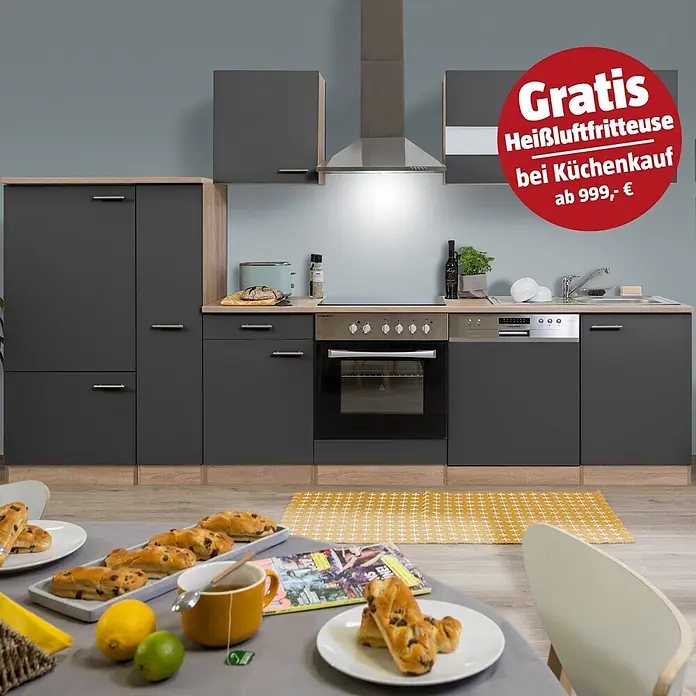 Respekta Küchenzeile Merle Typ 1 - Breite: 310 cm, Grau, Mit Elektrogeräten - Moderne Einbauküche in Dunkelgrau und Holzoptik mit Geräten. Inklusive Angebot: Gratis Heißluftfritteuse ab 999,- € Küchenkauf.