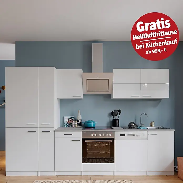 Respekta Küchenzeile Malia - Breite: 300 cm, Weiß, Dekor Arbeitsplatte: Betonoptik, Mit Elektrogeräten, Volumen Backofen: 72 l - Moderne weiße Küche mit integrierten Geräten, inkl. gratis Heißluftfritteuse bei Küchenkauf ab 999,- €.